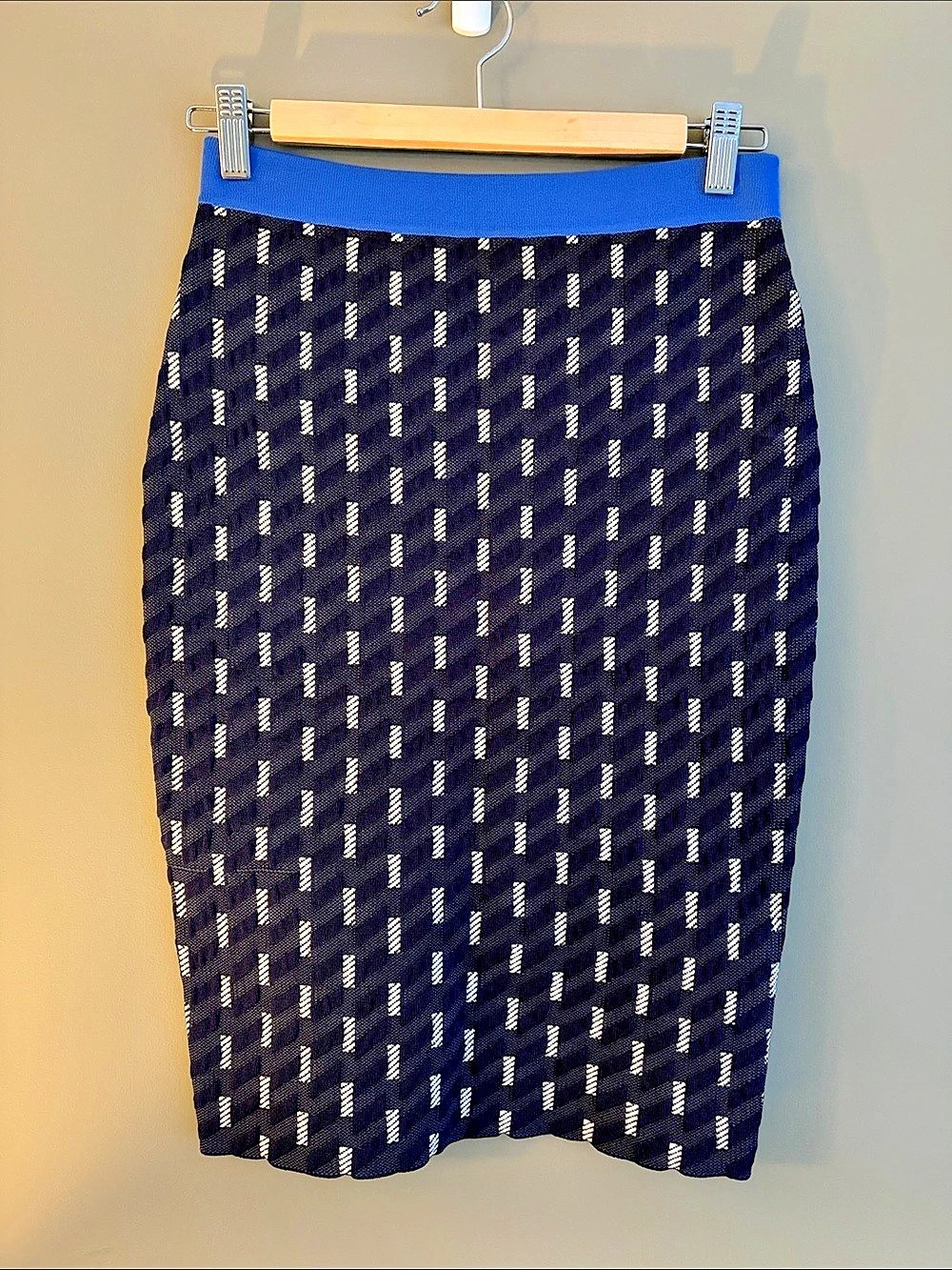 Jonathan Simkhai Geometric Knit Midi Skirt in Blue & White Like New size small